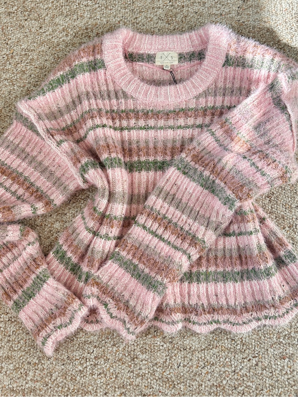Thread & Supply Pink Striped Crewneck Sweater with Green and Tan Accents